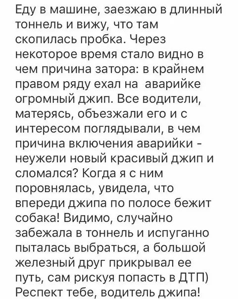 Еду в машине заезжаю в длинный тоннель и вижу что там скопилась пробка Через некоторое время стало видно в чем причина затора в крайнем правом ряду ехал на аварийке огромный джип Все водители матерясь объезжали его и с интересом поглядывали в чем причина включения аварийки неужели новый красивый джип и сломался Когда я с ним поровнялась увидела что