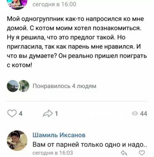 Мой одногруппник как то напросился ко мне дОМОй С котом моим хотел познакомиться Нуя решила что это предлог такой Но пригласила так как парень мне нравился Г что вы думаете Он реально пришел поиграть скотом В почооносол ло 24 21 44 Шамиль Иксанов Вам от парней только одно и надо эдня в 1603