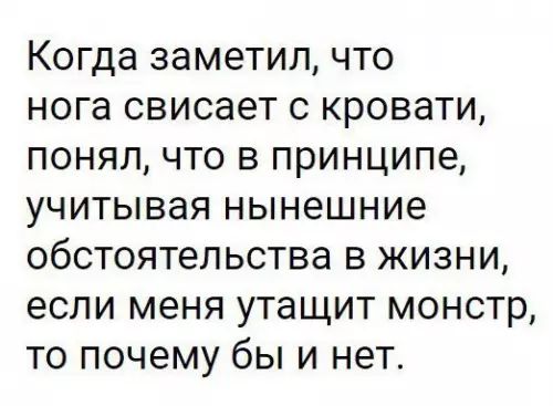 Когда заметил что нога свисает с кровати понял что в принципе учитывая нынешние обстоятельства в жизни если меня утащит монстр то почему бы и нет