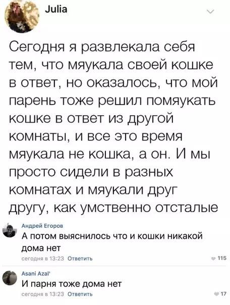 _ Зийа Сегодня я развлекала себя тем что мяукала своей кошке в ответ но оказалось что мой парень тоже решил помяукать кошке в ответ из другой комнаты и все это время мяукала не кошка а он И мы просто сидели в разных комнатах и мяукали друг другу как умственно отсталые Амдрей Егоров А потом выяснилось что и кошки никакой дома нет Ответить п5 Авом Аг