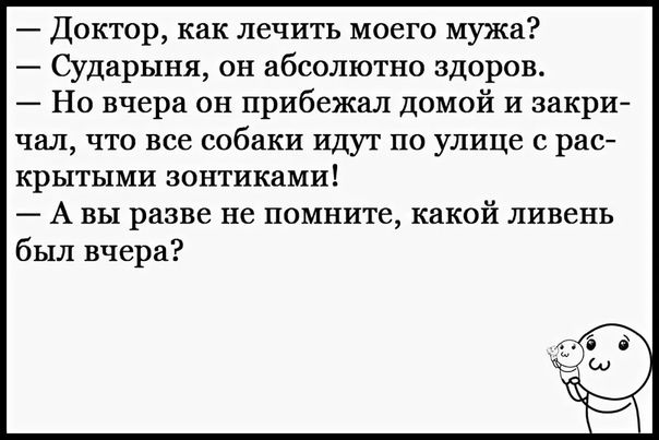 — Доктор, как лечить моего мужа?
— Сударыня, он абсолютно здоров.
— Но вчера он прибежал домой и закрыл, что все собаки идут по улице с раскрытыми зонтиками!
— А вы разве не помните, какой ливень был вчера?