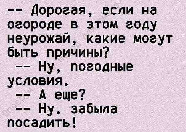 -- Дорогая, если на огороде в этом году неурожай, какие могут быть причины?  -- Ну, погодные условия.  -- А еще?  -- Ну, забыла посадить!