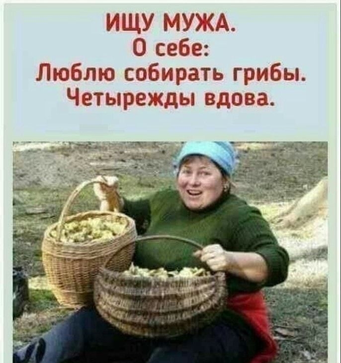 ИЩУ МУЖА.
О себе:
Люблю собирать грибы.
Четырежды вдова.