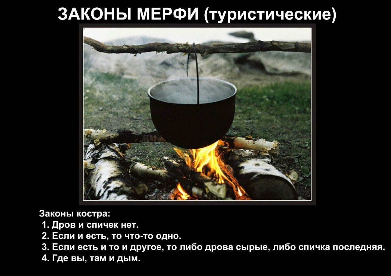 ЗАКОНЫ МЕРФИ (туристические)

Законы костра:
1. Дрова и спичек нет.
2. Если и есть, то что-то одно.
3. Если есть и то и другое, то либо дрова сырые, либо спичка последняя.
4. Где вы, там и дым.