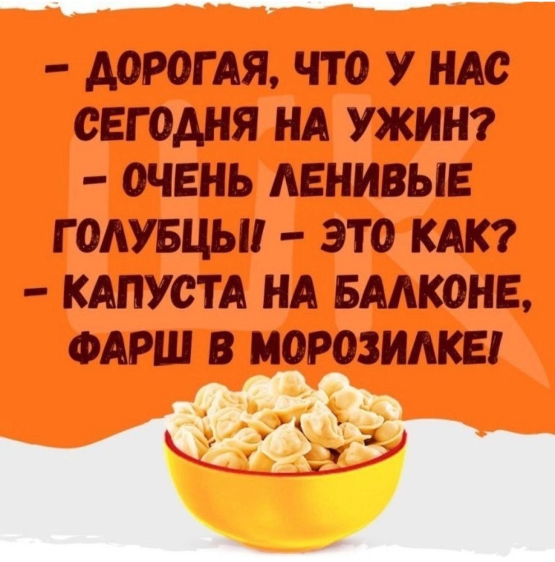 Дорогая, что у нас сегодня на ужин? - Очень ленивые голубцы! - Это как? - Капуста на балконе, фарш в морозилке!