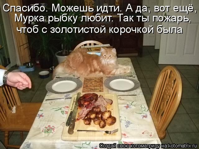 Спасибо. Можешь идти. А да, вот ещё, Мурка рыбку любит. Так ты пожарь, чтоб с золотистой корочкой была
