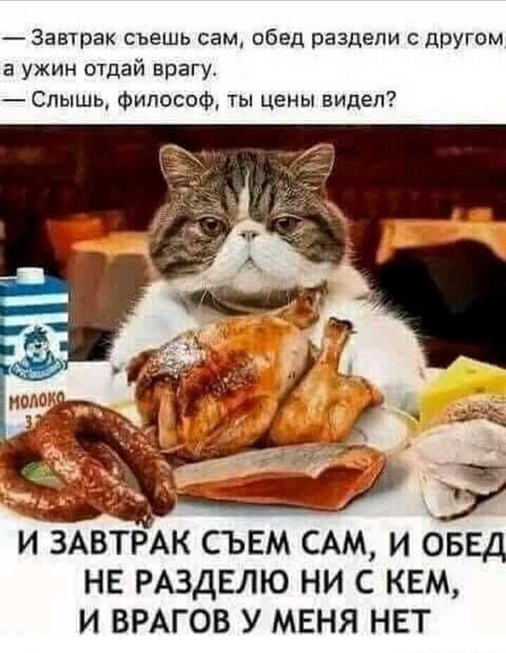 — Завтрак съешь сам, обед раздели с другом, а ужин отдай врагу. — Слышь, философ, ты цены видел? И завтрак съем сам, и обед не разделю ни с кем, и врагов у меня нет.