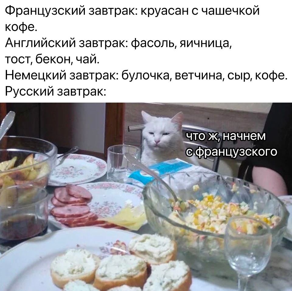 Французский завтрак: круассан с чашечкой кофе.
Английский завтрак: фасоль, яичница, тост, бекон, чай.
Немецкий завтрак: булочка, ветчина, сыр, кофе.
Русский завтрак:
что ж, начнем с французского.