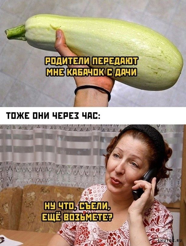 Родители передадут мне кабачок с дачи. Тоже они через час: Ну что, съели, ещё возьмёте?