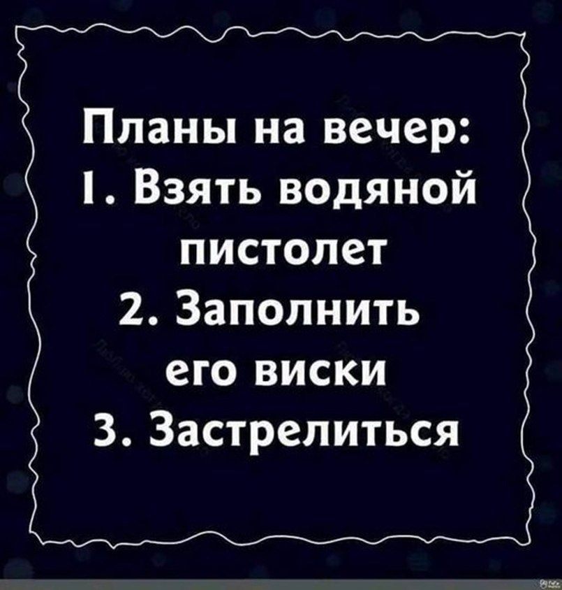 Планы на вечер:
1. Взять водяной пистолет
2. Заполнить его виски
3. Застрелиться
