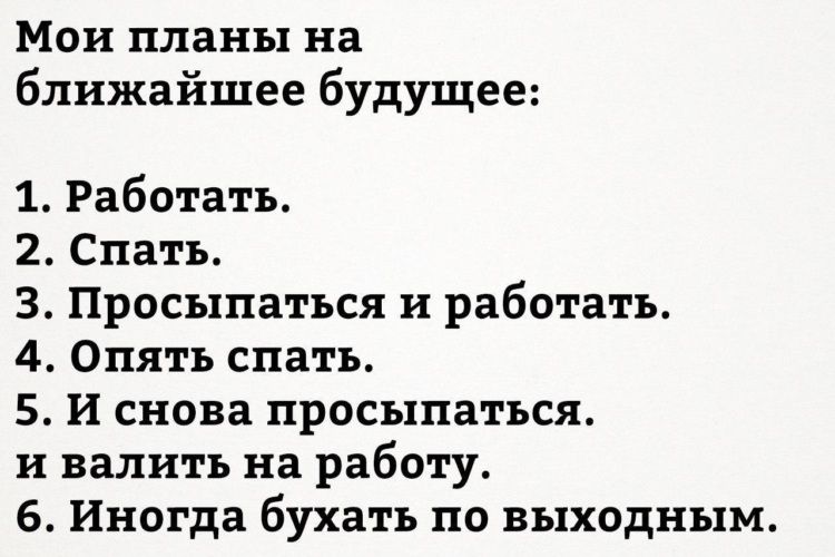 Мои планы на ближайшее будущее:
1. Работать.
2. Спать.
3. Просыпаться и работать.
4. Опять спать.
5. И снова просыпаться.
6. Иногда бухать по выходным.