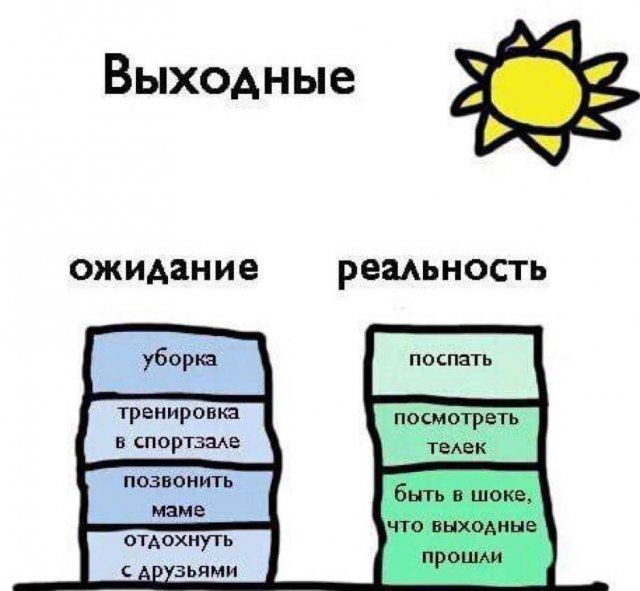 Выходные

ожидание

уборка
тренировка в спортзале
позвонить маме
отдохнуть с друзьями

реальность

поспать
посмотреть телек
быть в шоке, что выходные прошли