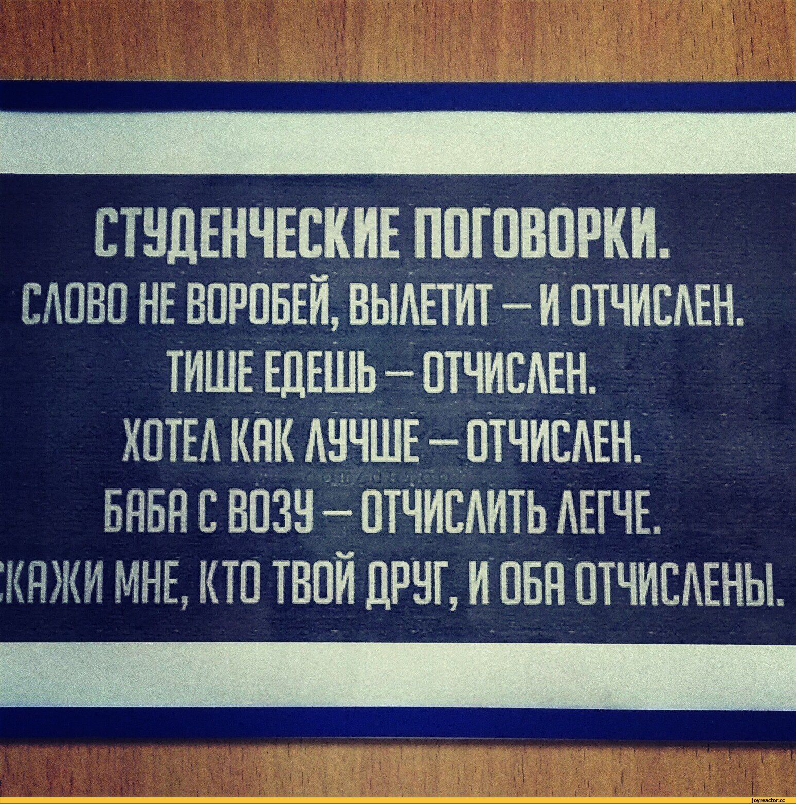 СТУДЕНЧЕСКИЕ ПОГОВОРКИ.
СЛОВО НЕ ВОРОБЕЙ, ВЫЛЕТИТ – И ОТЧИСЛЕН.
ТИШЕ ЕДЕШЬ – ОТЧИСЛЕН.
ХОТЕЛ КАК ЛУЧШЕ – ОТЧИСЛЕН.
БАБА С ВОЗУ – ОТЧИСЛИТЬ ЛЕГЧЕ.
СКАЖИ МНЕ, КТО ТВОЙ ДРУГ, И ОБА ОТЧИСЛЕНЫ.