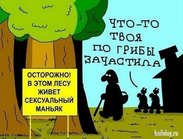 Что-то твоя по грибы зачастила.
ОСТОРОЖНО! В ЭТОМ ЛЕСУ ЖИВЕТ СЕКСУАЛЬНЫЙ МАНЬЯК