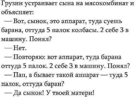 Грузин устраивает сына на мясокомбинат и объясняет: — Вот, сыночек, это аппарат, туда суешь барана, оттуда 5 палок колбасы. 2 себе 3 в машину. Понял? — Нет. — Повторяю: вот аппарат, туда барана оттуда 5 палок. 2 себе 3 в машину. Понял? — Пап, а бывает такой аппарат — туда 5 палок, оттуда баран? — Да сынок! У твоей матери!