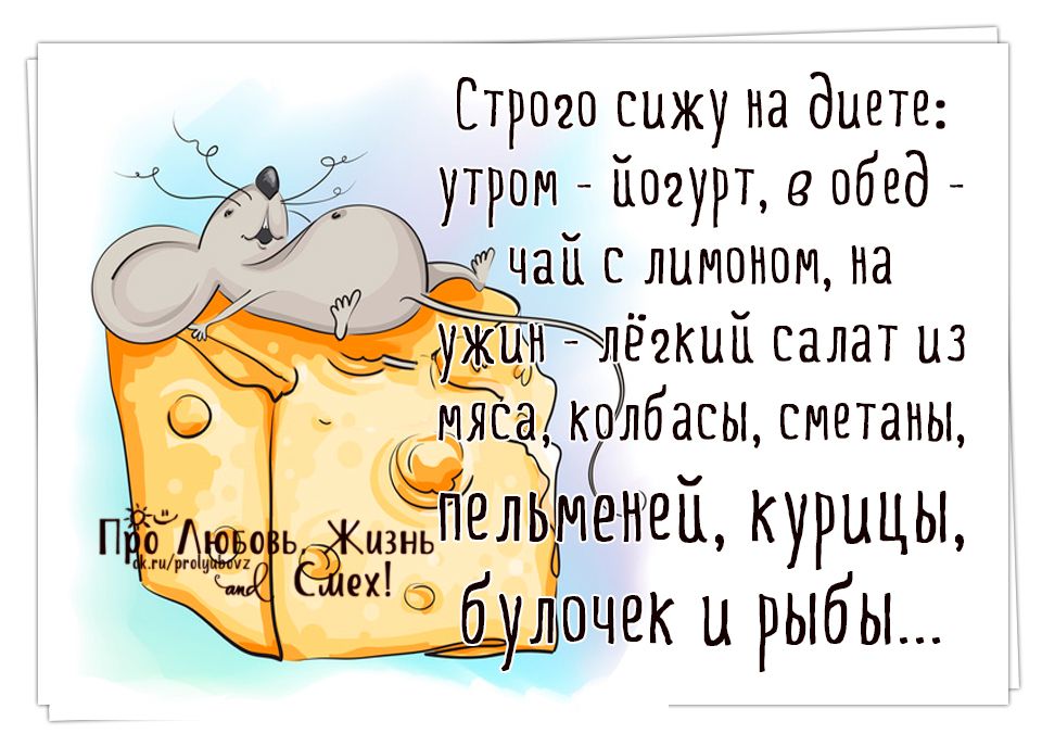Строго сижу на диете: утром - йогурт, в обед - чай с лимоном, на ужин - лёгкий салат из мяса, колбасы, сметаны, пельменей, курицы, булочек и рыбы...
