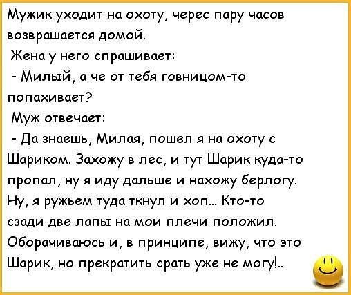 Мужик уходит на охоту, через пару часов возвращается домой.
Жена у него спрашивает:
- Милый, а че от тебя говницом-то попахивает?
Муж отвечает:
- Да знаешь, Милая, пошел я на охоту с Шариком. Захожу в лес, и тут Шарик куда-то пропал, ну а иду дальше и нахожу берлогу.
Ну, я ручком туда ткнул и хоп... Кто-то сзади две лапы на мой плеч положил.
Оборачиваюсь и, в принципе, вижу, что это Шарик, но прекратить срать уже не могу!...
