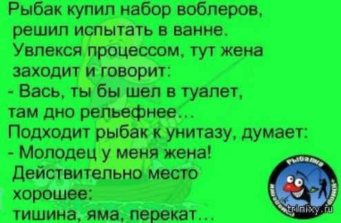 Рыбак купил набор воблеров, решил испытать в ванне. Увлексяprocessом, тут жена заходит и говорит: - Vas, ты бы шел в туалет, там дно рельефнее... Подходит рыбак к унитазу, думает: - Молодец у меня жена! Действительно место хорошее: тишина, яма, перекат...