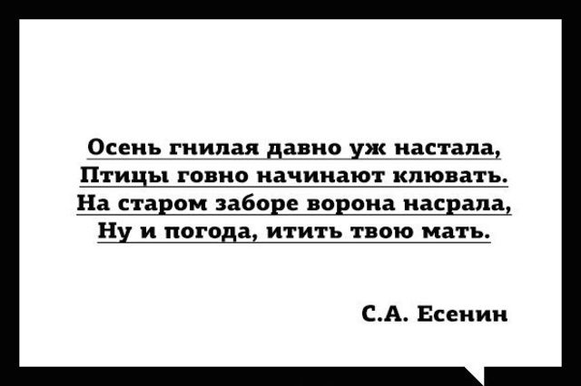 Осень гнилая давно уж настала, Птицы гавно начинают клевать. На старом заборе ворона насрала, Ну и погода, итить твою мать. С.А. Есенин