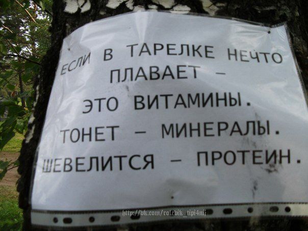 ЕСЛИ В ТАРЕЛКЕ НЕЧТО ПЛАВАЕТ - ЭТО ВИТАМИНЫ. ТОНЕТ - МИНЕРАЛЫ. ШЕВЕЛИТСЯ - ПРОТЕИН.
