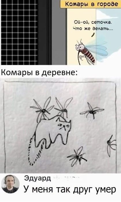 Комары в городе:
Ой-ой, сеточка.
Что же делать...

Комары в деревне:

У меня так друг умер