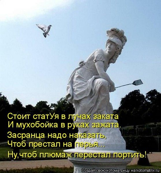 Стоит статУя в лучах заката
И мухобойка в руках зажата.
Засранца надо наказать,
Чтоб престал на перья...
Ну, чтоб плюмаж перестал портить!
