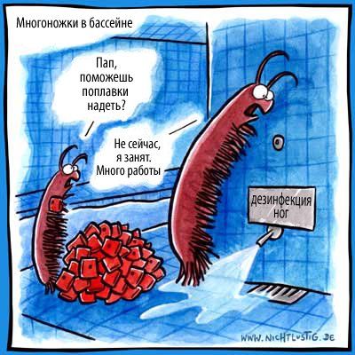 Многоножки в бассейне
Пап, поможешь поплавки надеть?
Не сейчас, я занят. Много работы.

дезинфекция ног.