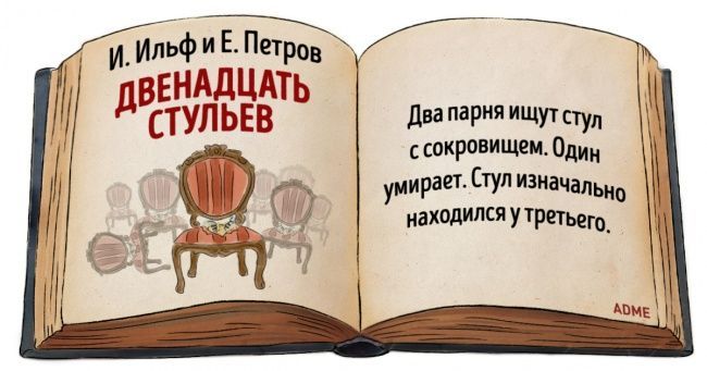 И. Ильф и Е. Петров
ДВЕНАДЦАТЬ СТУЛЬЕВ
Два парня ищут стул с сокровищем. Один умирает. Стул изначально находился у третьего.