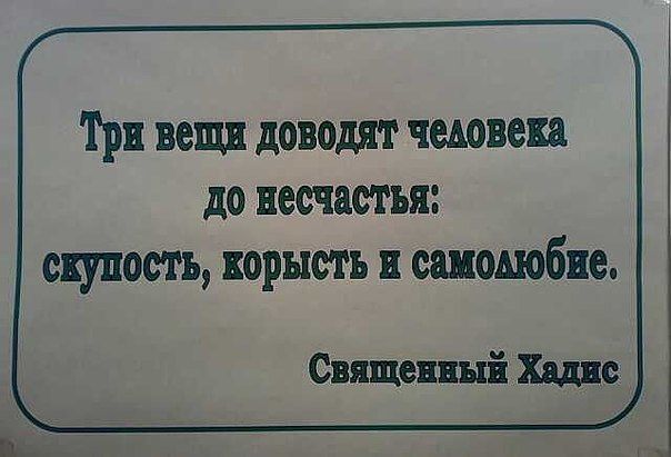 Три вещи доводят человека до несчастья: скупость, корысть и самомнение.
Священный Хадис