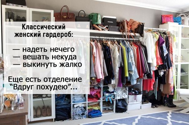 Классический женский гардероб:
— надеть нечего
— вешать некуда
— выкинуть жалко
Еще есть отделение “Вдруг похудею…”