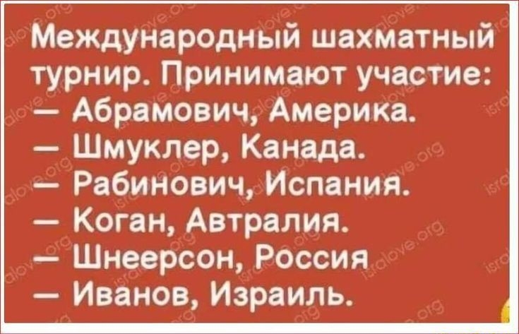 Международный шахматный турнир. Принимают участие:\n— Абрамович, Америка.\n— Шмуклер, Канада.\n— Рабинович, Испания.\n— Коган, Австралия.\n— Шнеерсон, Россия.\n— Иванов, Израиль.