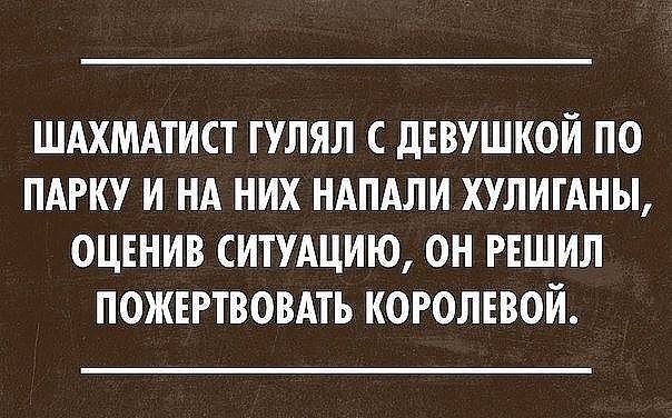 ШАХМАТИСТ ГУЛЯЛ С ДЕВУШКОЙ ПО ПАРКУ И НА НИХ НАПАЛИ ХУЛИГАНЫ, ОЦЕНИВ СИТУАЦИЮ, ОН РЕШИЛ ПОЖЕРТВОВАТЬ КОРОЛЕВОЙ.