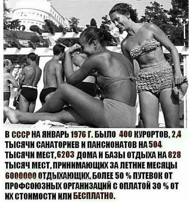 В СССР на январь 1976 г. было 400 курортов, 2,4 тысячи санаториев и пансионатов на 504 тысяч мест, 6203 дома и базы отдыха на 828 тысяч мест, принимающих за летние месяцы 600000 отдыхающих, более 50% путевок от профсоюзных организаций с оплатой 30% от их стоимости или бесплатно.