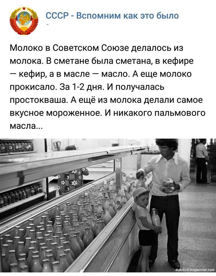 Молоко в Советском Союзе делалось из молока. В сметане была сметана, в кефире — кефир, а в масле — масло. А ещё молоко прокисало за 1–2 дня. И получалась простокваша. А ещё из молока делали самое вкусное мороженое. И никакого пальмового масла...