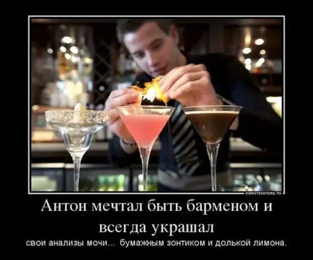 Антон мечтал быть барменом и всегда украшал свои анализы мочи... бумажным зонтиком и долькой лимона.