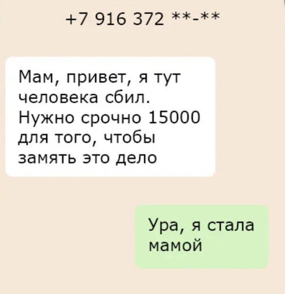 Мам, привет, я тут человека сбил. Нужно срочно 15000 для того, чтобы замять это дело
Ура, я стала мамой