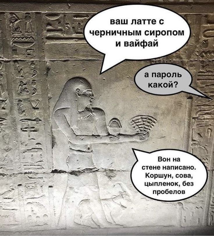 ваш латте с черничным сиропом и вайфай а пароль какой? Вон на стене написано. Коршун, сова, цыплёнок, без пробелов