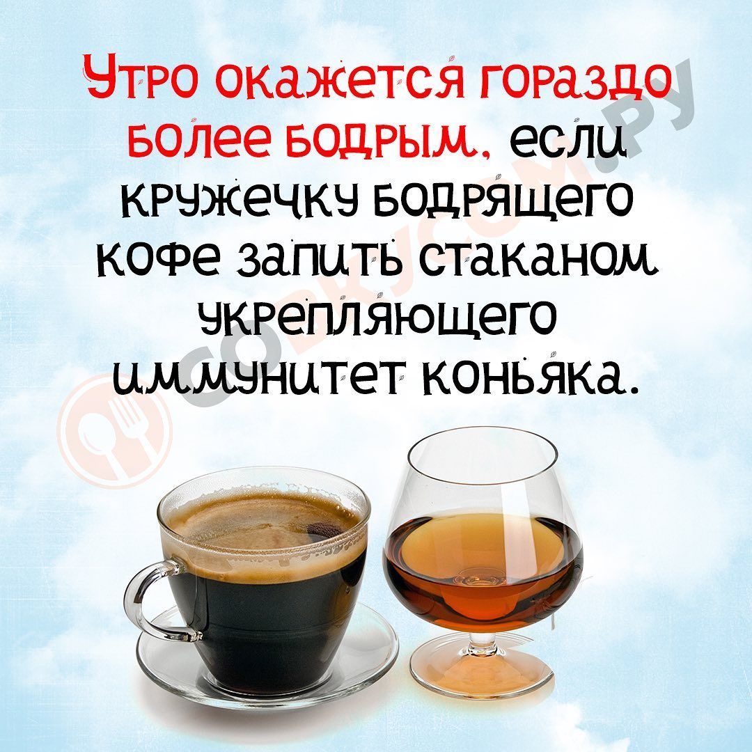 Утро окажется гораздо более бодрым, если кружечку бодрящего кофе запать стаканом укрепляющего иммунитет коньяка.