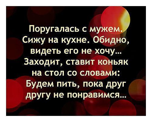 Поругалась с мужем. Сижу на кухне. Обидно, видеть его не хочу... Заходит, ставит коньяк на стол со словами: Будем пить, пока друг другу не понравимся...