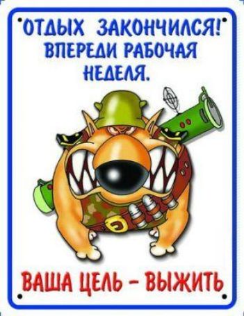 ОТДЫХ ЗАКОНЧИЛСЯ! ВПЕРЕДИ РАБОЧАЯ НЕДЕЛЯ. ВАША ЦЕЛЬ – ВЫЖИТЬ