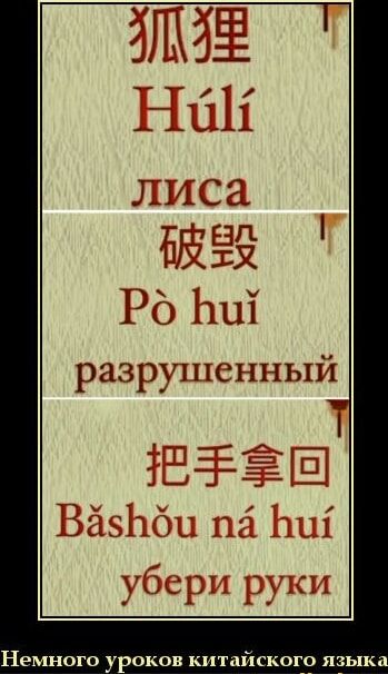 狐狸 Hú lí
лиса
破毁 Pò huǐ
разрушенный
把手拿回 Bǎ shǒu ná huí
убери руки
