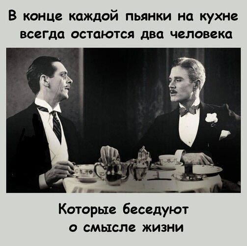 В конце каждой пьянки на кухне всегда остаются два человека\nКоторые беседуют о смысле жизни