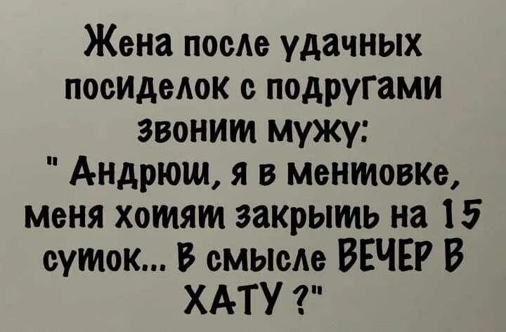 Жена после удачных посиделок с подругами звонит мужу: 'Андрюш, я в Менёвке, Меня хотят закрыть на 15 суток... В смысле вечер в хату?'