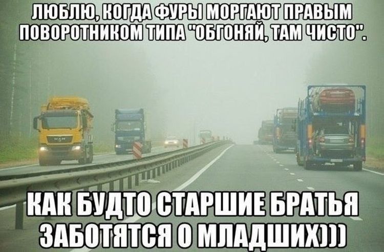 ЛЮБЛЮ, КОГДА ФУРЫ МОРГАЮТ ПРАВЫМ ПОВОРОТНИКОМ ТИПА «ОБГОНЯЙ, ТАМ ЧИСТО». КАК БУДТО СТАРШИЕ БРАТЬЯ ЗАБОТОТСЯ О МЛАДШИХ)))