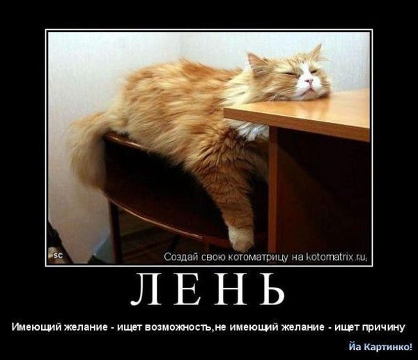 ЛЕНЬ
Ищущий желание — ищет возможность; не имеющий желание — ищет причину
Йа Котоматрица!