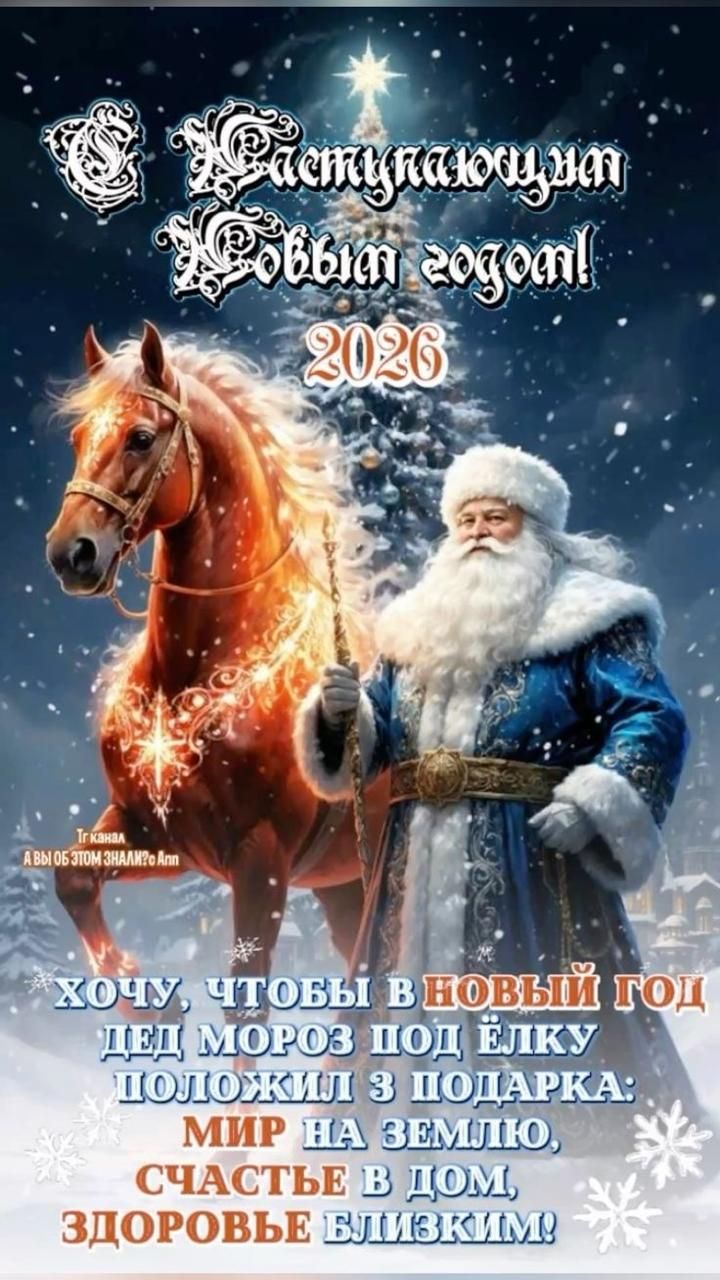С наступающим Новым годом! 2026. Хочу, чтобы в НОВЫЙ ГОД ДЕД МОРОЗ ПОД ЁЛКУ ПОЛОЖИЛ 3 ПОДАРКА: МИР НА ЗЕМЛЮ, СЧАСТЬЕ В ДОМ, ЗДОРОВЬЬЕ БЛИЗКИМ!