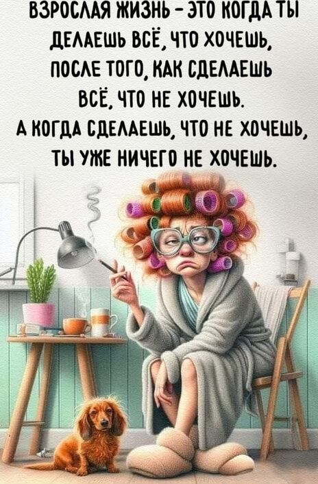 Взрослая жизнь - это когда ты делаешь всё, что хочешь, после того, как сделаешь всё, что не хочешь. А когда сделаешь, что не хочешь, ты уже ничего не хочешь.