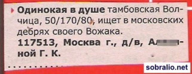 Одинокая в душе тамбовская Волчица, 50/170/80, ищет в московских дебрях своего Вожака. 117513, Москва г., д/в, Анной Г. к.