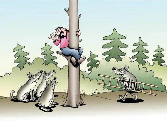 Человек на дереве спасается от волков, окружают волки, один держит лестницу