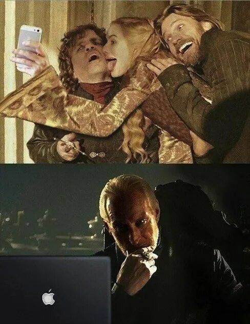 Двойной мем: радостная вечеринка на верхнем кадре и хакер за ноутбуком в нижнем.